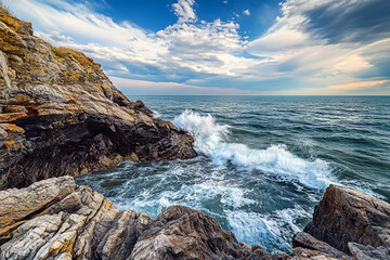 Fototapeta premium Dramatic ocean waves crashing against rugged, towering sea cliffs under a cloudy sky, showcasing the raw power of nature