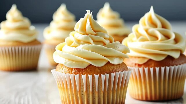 Vanilla Cupcakes topped with creamy sweet frosting treat. Tempting display of freshly baked cupcakes with white rich buttercream on top. Space for text. Close-up view. Seasonal celebrations. Birthday