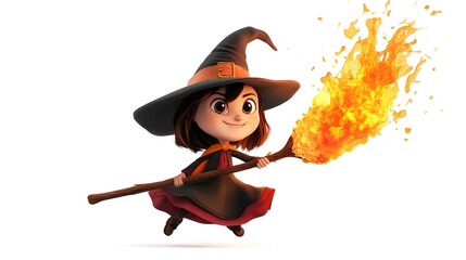 Cute Cartoon Witch Girl Casting Fiery Spell with Magic Broomstick on Halloween