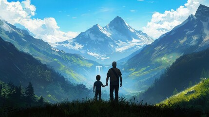 Obraz premium Father and Child Embracing Nature in Majestic Mountain Landscape