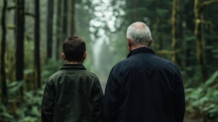 Man and Boy Walking Through Lush Green Forest with Trees
