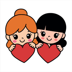 Cute Girls BFF Friends Sisters  Vector Illustration Galentine Day