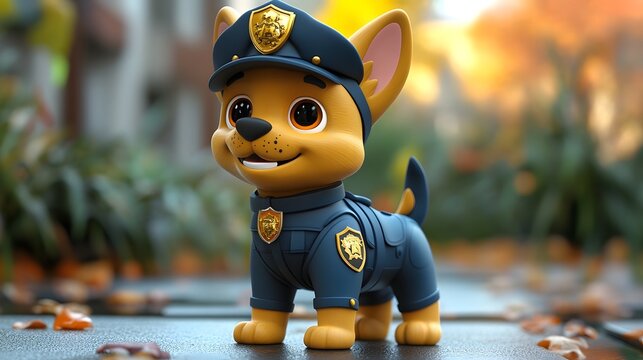 Cute Police Dog Cartoon Character in Uniform with Badge and Paw