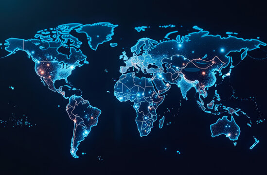 A visually striking world map with luminous points , symbolizing a high-tech global network. Generative AI.