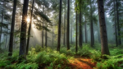 Obraz premium A misty forest in the early morning with tall, green trees and soft light filtering through the fog.