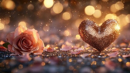 Fototapeta premium Beautiful and elegant surreal Valentine's Day card in pink, red and gold tones with soft white and lilac accents. Dreamy and warm romantic background. Greetings and romantic gifts.