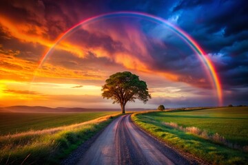 Obraz premium Silhouette of Tree, Road, and Rainbow over Rural Landscape at Sunset