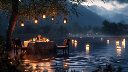 Romantic candlelit dinner set by the lakeside, gentle ripples in the water, soft glow of lanterns-3