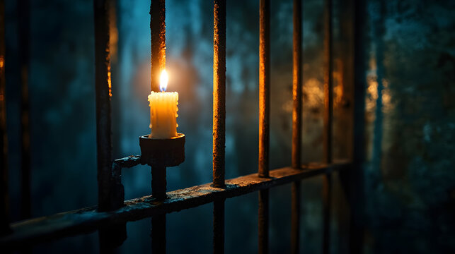 An old prison cell with rusted bars. A single candle flickers in the corner, casting long, dancing shadows as whispers fill the air.