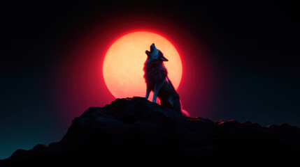 wolf howls atop mountain under large red moon, creating dramatic and mystical atmosphere. scene evokes sense of wilderness and connection to nature