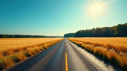 Asphalt road cutting through golden fields under a bright summer sun, leading towards a distant horizon of trees.