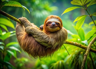 Fototapeta premium Sleepy Sloth Hanging Rainforest Tree Branch Candid Wildlife Photography