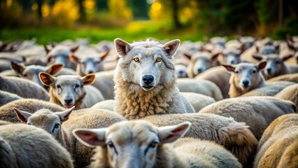 Fototapeta premium Sly Wolf Hidden Among Sheep, Serene Countryside Deception