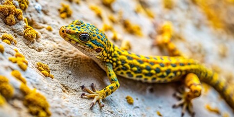 Obraz premium Small Yellow Spotted Lizard Crawling on Wall - Aerial View Stock Photo