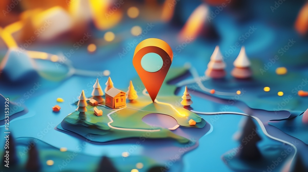 Poster Fantastic magical landscape with a navigation pin pointing to a destination on a detailed map representing the concept of discovery  This digital has a whimsical fantasy inspired style