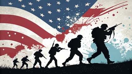 Fototapeta premium American Soldier Evolution - Silhouettes of soldiers marching against a US flag backdrop, symbolizing military history and service.