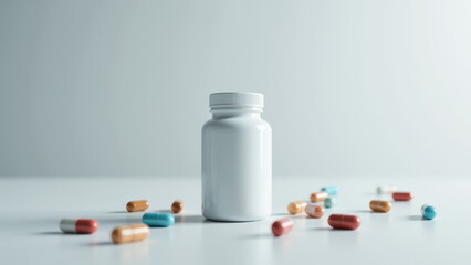 This is an image featuring a bottle of Magnesium Glycinate supplements with pills scattered around it on a white surface, emphasizing the magnesium dietary supplement theme.