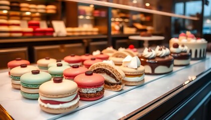 Naklejka premium Delicious Macarons and Cakes Displayed in a Pastry Shop