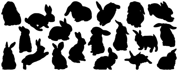 Silhouettes of magnificent rabbits are isolated on white aphids. A set of different silhouettes of rabbits for variation in design.