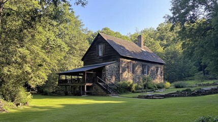 Obraz premium Serene Stone House nestled in lush greenery, a picturesque summer morning scene.