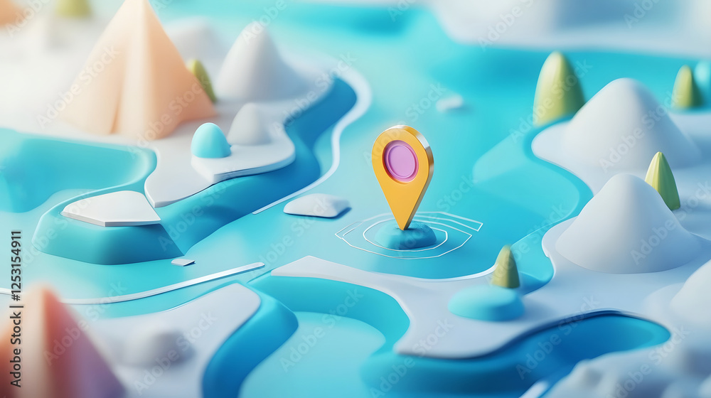 Aufkleber Floating pin marker hovering over an abstract 3D mountainous landscape with geometric shapes  surreal scenery  and a minimalist digital design
