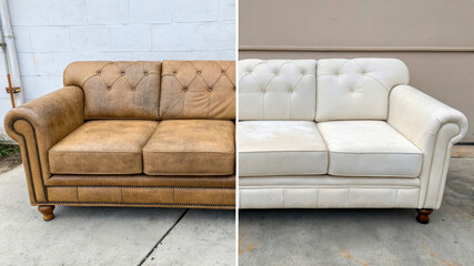 Before and After Sofa Reupholstery - A before and after shot showcasing a sofa reupholstered from brown leather to off-white fabric.