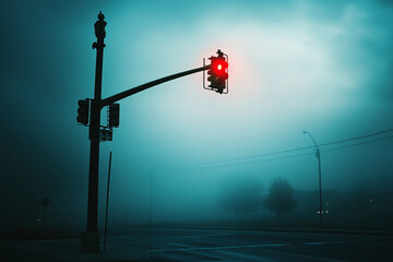 Lonely Traffic Light Glowing Red in a Foggy and Mysterious Urban Street Scene