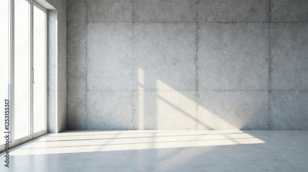 Poster sunlight illuminates an empty room with a modern concrete wall and large window