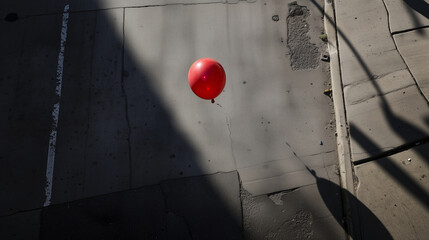 Lonely Red Balloon Floating Over a Shadowed Urban Street