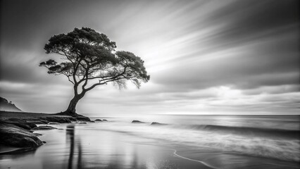 Obraz premium Solitary Coastal Tree, Misty Shoreline, Black and White Stock Photo