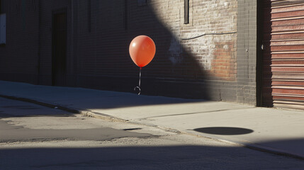 Lonely Red Balloon Floating Over a Shadowed Urban Street