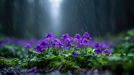 Obraz premium Purple violets blooming on a mossy forest floor during a heavy rain shower.