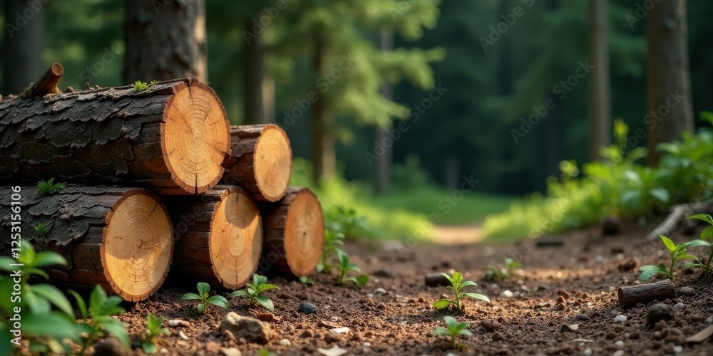 Poster forest path with stacked logs and emerging plants