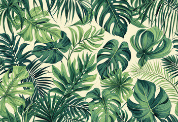 A variety of tropical leaves in shades of green, arranged in a repeating pattern against a light background. Vector patterns, random pattern