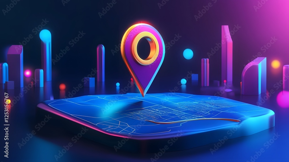 Leinwandbilder Futuristic 3D cityscape with glowing neon navigation marker and mapping interface  Abstract digital of a modern metropolis with colorful skyscrapers GPS location pointer