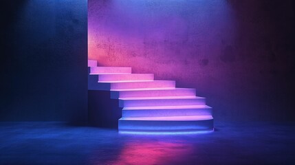 Neon-lit curved stairs, textured wall, dark floor.