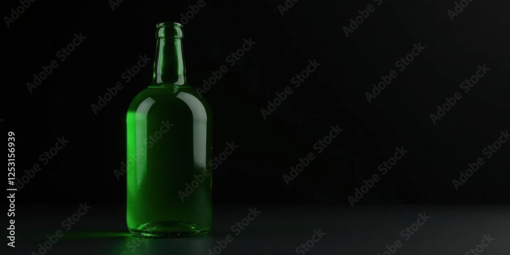 Poster a single green glass bottle filled with a vibrant liquid rests on a dark surface against a stark bla