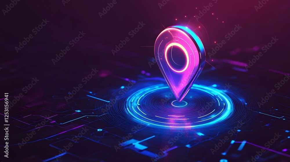 Fototapete Futuristic 3D Neon Glowing Sphere with Location Pointer Navigation Map Symbol on Abstract Digital Technology Background  Concept of and Connectivity