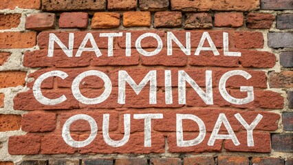 National Coming Out Day Brick Wall - White text on a red brick wall announces National Coming Out Day.  A powerful image for LGBTQ+ awareness.