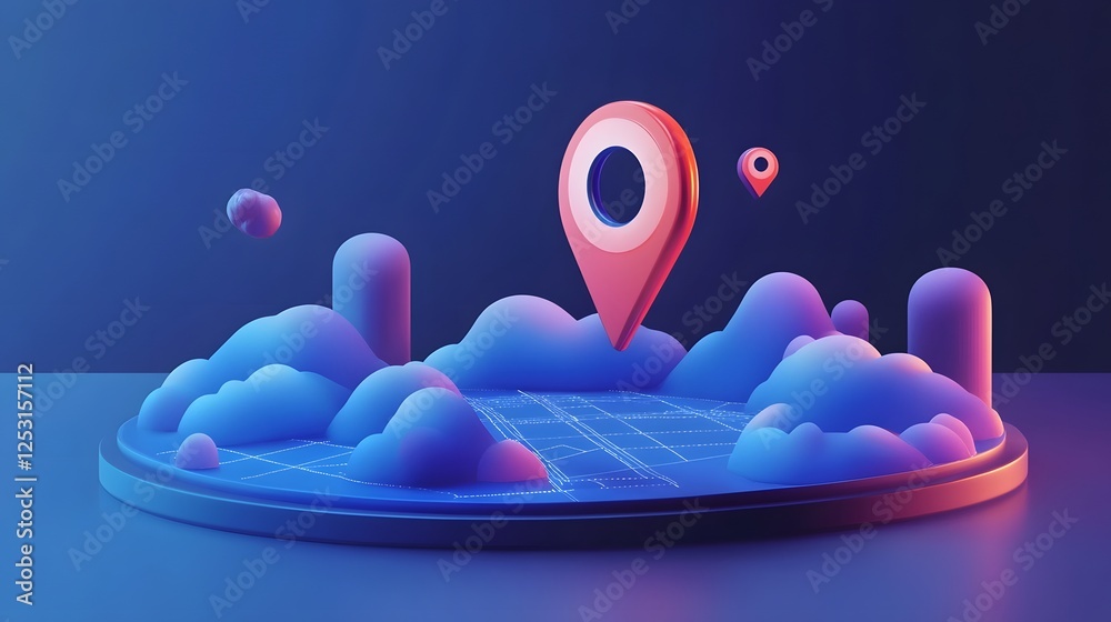 Leinwandbilder futuristic 3d of an abstract digital landscape with floating pink and blue location marker pins on a