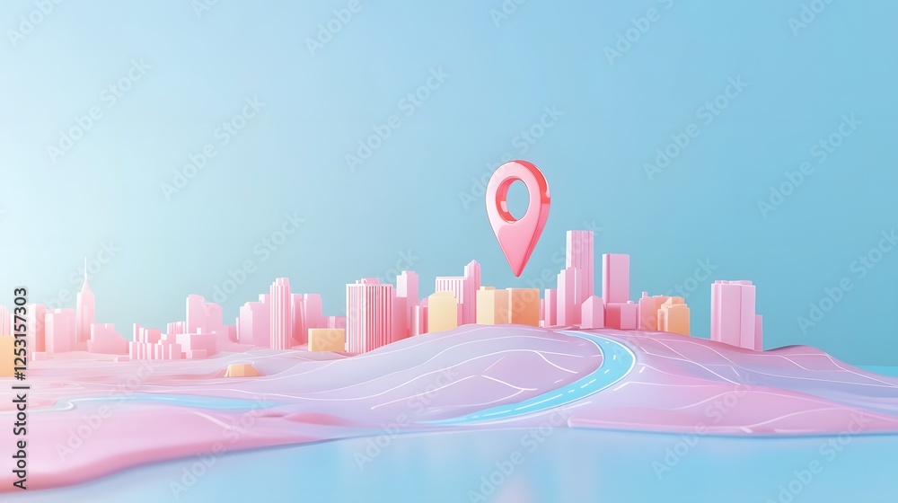 Aufkleber futuristic 3d rendered cityscape with a map pin pointer icon depicting a modern urban landscape for 