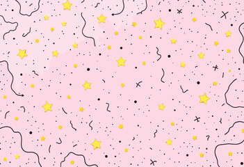 Numerous small yellow stars scattered across a pink background, with black lines and dots interspersed throughout. Vector patterns, random pattern