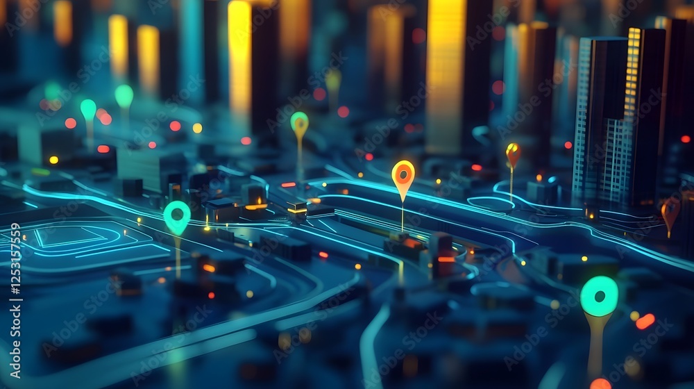 Poster Futuristic 3D visualization depicting the digital infrastructure transportation network and intelligent systems powering a smart city of the future
