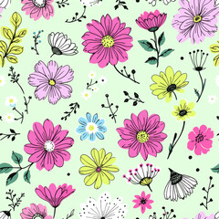 A variety of colorful flowers and plants on a light green background, with some flowers having yellow centers and others having pink centers. Vector patterns, random pattern