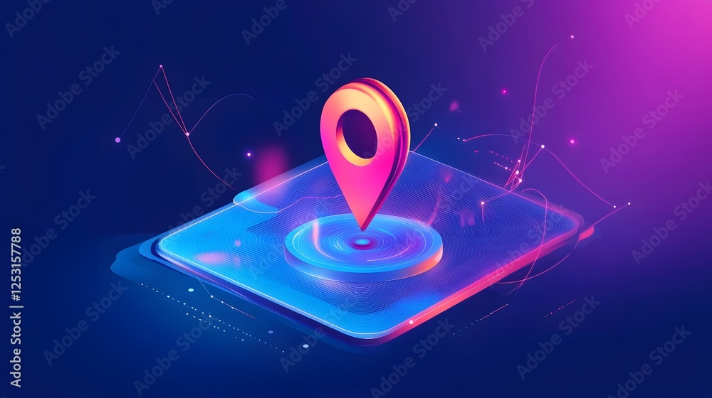 Poster Futuristic and modern 3D of a smartphone mobile application interface featuring a glowing geolocation pin icon on a digital map  The image showcases a vibrant gradient based