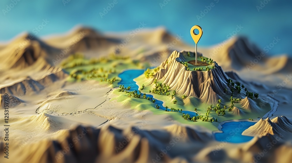 Poster futuristic aerial view of rugged mountainous landscape with navigational marker highlighting a sceni