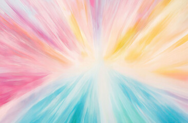 Obraz premium Soft pastel background featuring a vibrant tie-dye explosion radiating from the center, with flowing shades of pink, blue, yellow, green, orange, and lavender, creating a dynamic and colorful abstract