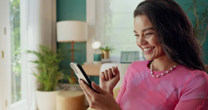 Phone, success and click with woman in house for good news, notification and winner. Achievement, reward points and prize opportunity with person in living room at home for sales offer, bonus or wow