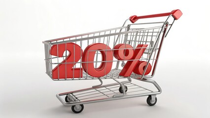 Shopping Cart with 20 Percent Off - Red 20% discount sign inside a metal shopping cart on white background.  Sale concept.