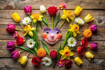 Fototapeta premium Spring Flowers Smiling Face Wooden Background Stock Photo